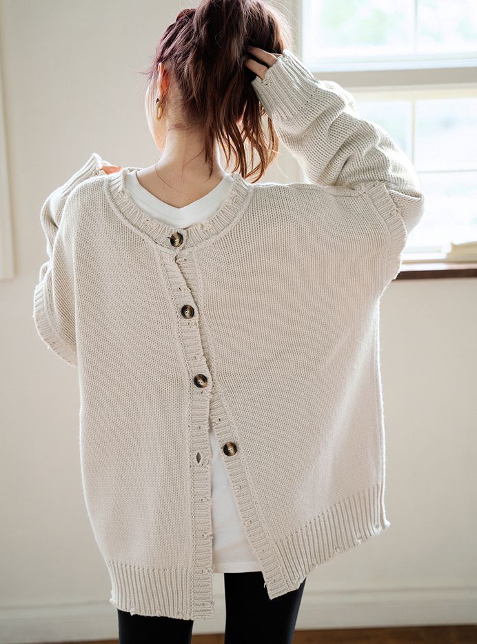 日本 GRL - 前後兩穿排扣抽鬚針織上衣-白