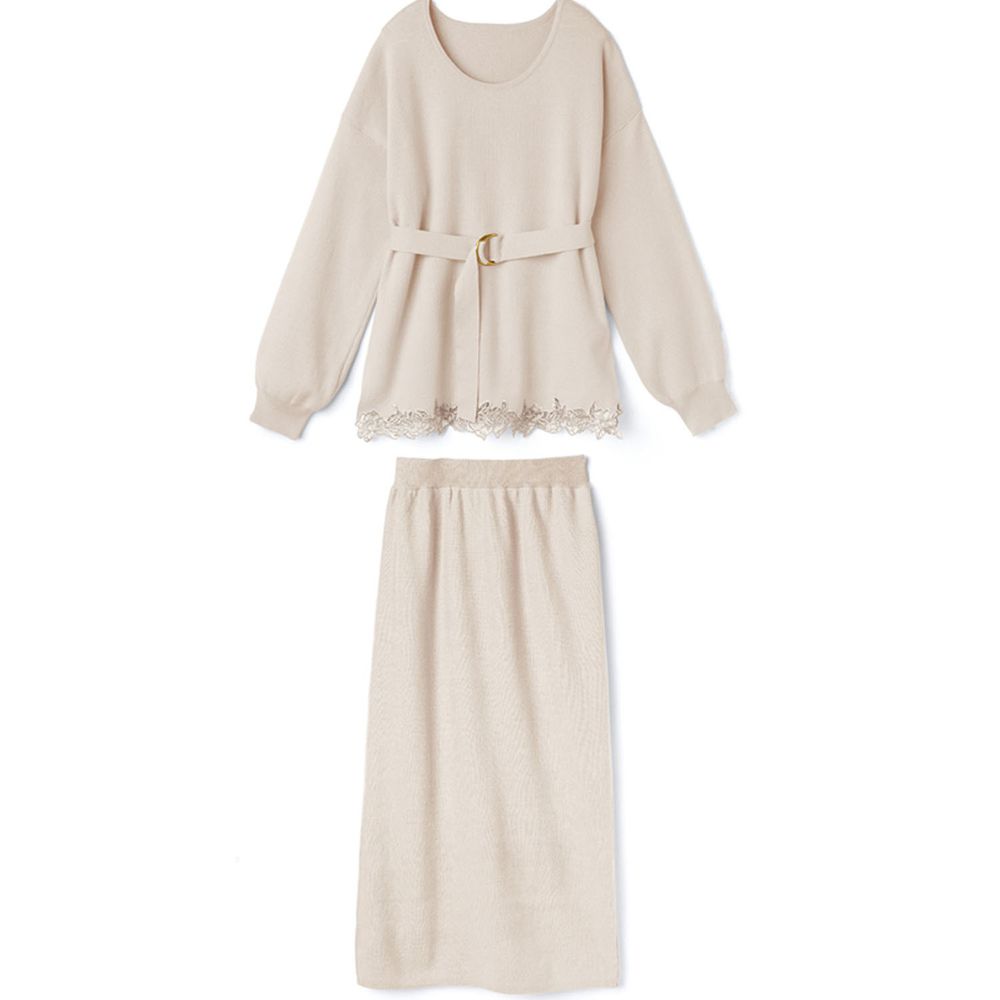 日本 GRL - 蕾絲衣襬拼接長袖上衣X素面細針織長裙套裝-米
