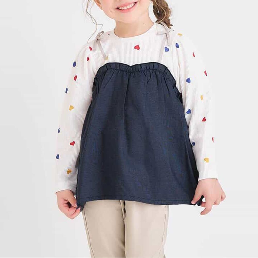 假兩件吊帶華夫格長袖上衣-彩色愛心-白X丹寧藍