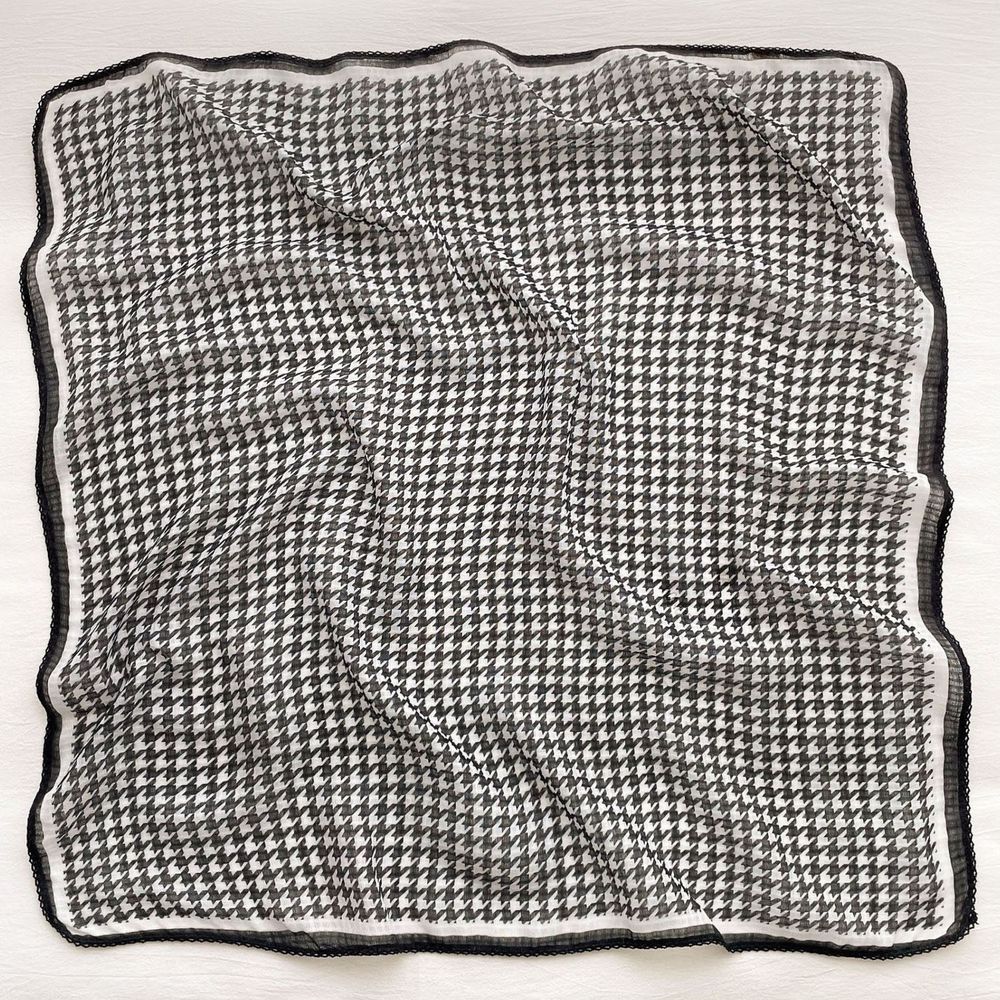 法式棉麻披肩方巾-千鳥格紋-黑色 (90x90cm)