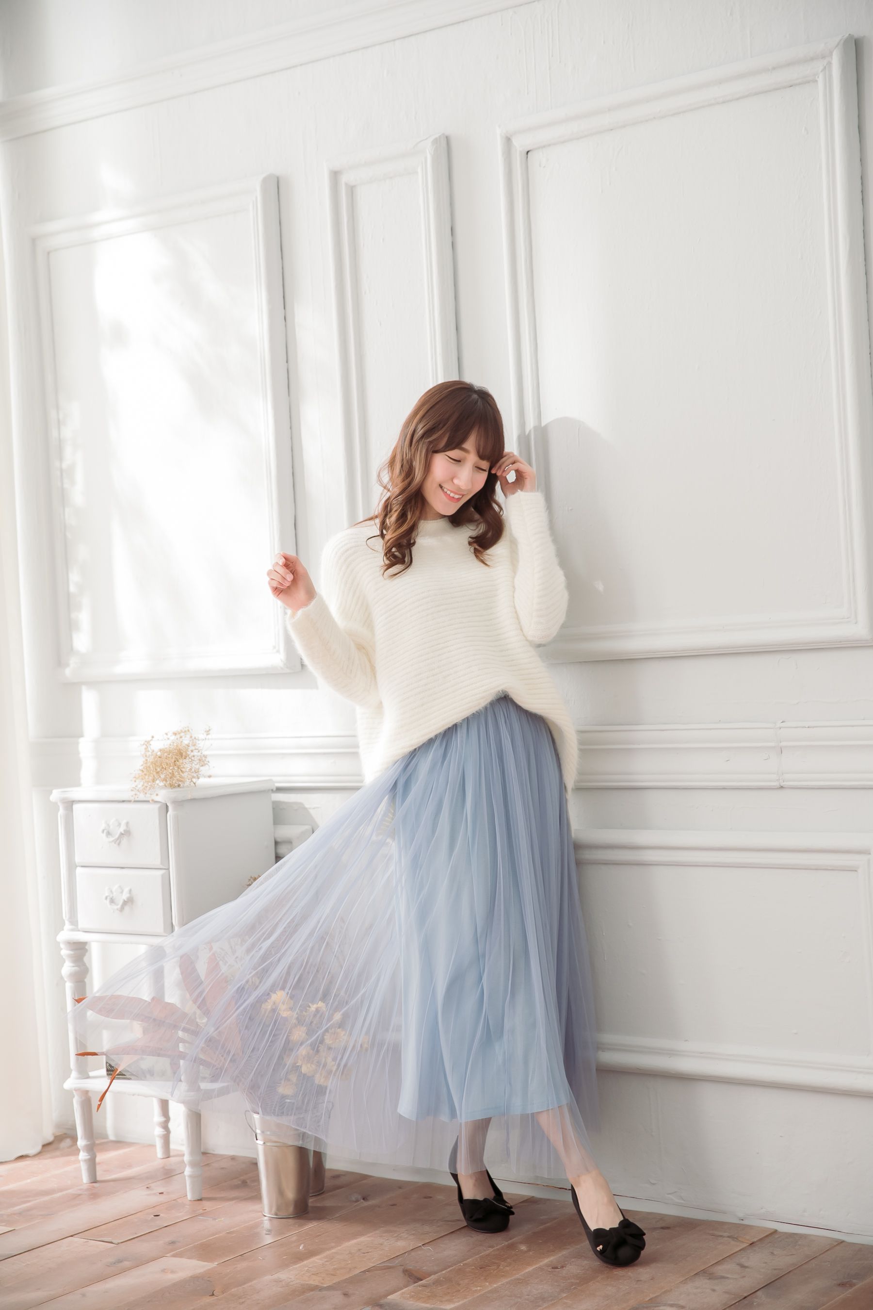 Peachy - 獨家訂製綿柔優雅綁帶百褶紗裙-綁帶百褶版-仙杜瑞拉藍 (F)