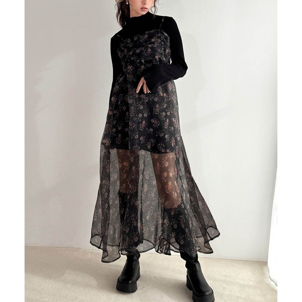 花卉透膚薄紗層次穿搭洋裝-黑 (F)