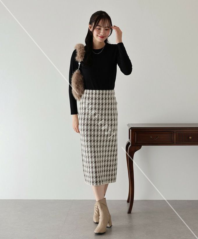 日本 BLUE EAST - 氣質千鳥格針織開叉合身長裙-黑灰