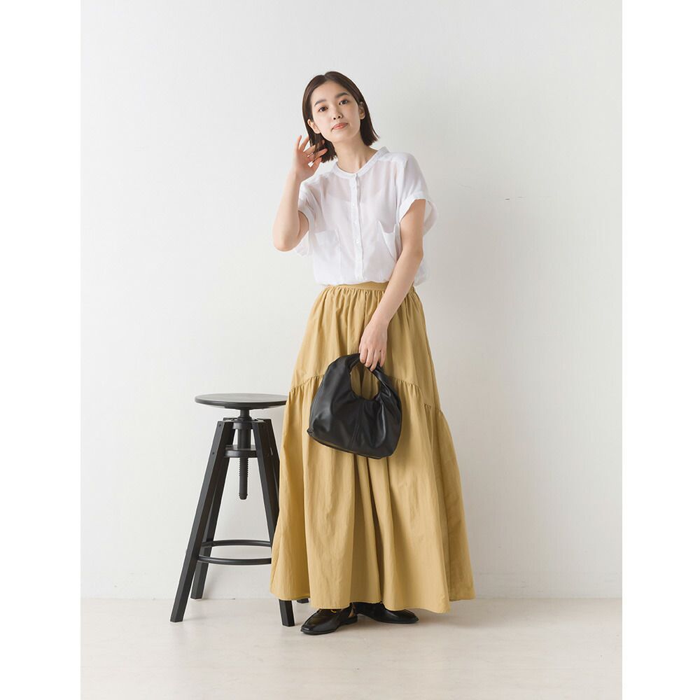 日本 OMNES - 不規則抓皺顯瘦修身長裙-卡其