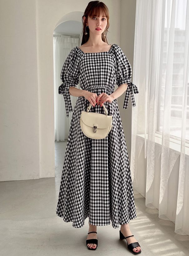 日本 GRL - 清新格紋袖綁帶收腰洋裝-黑白 (F)