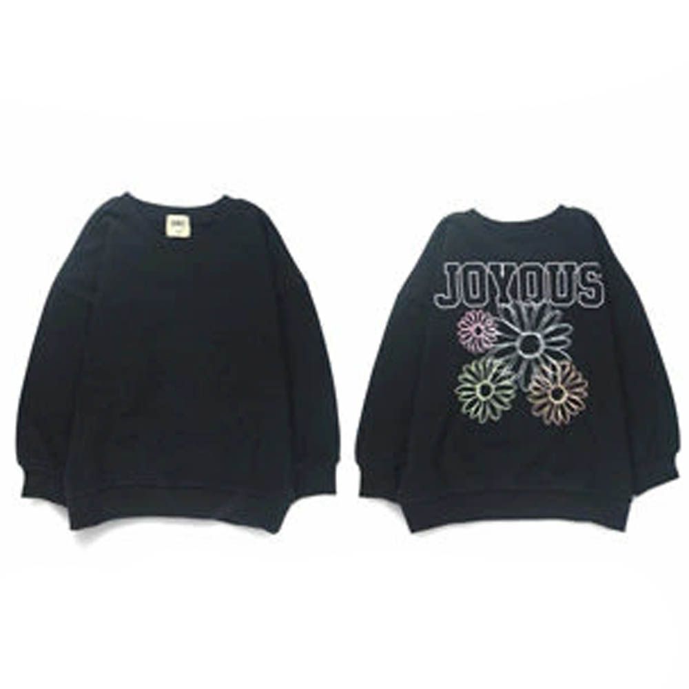 街頭印花縮口長袖上衣-手繪花花-黑