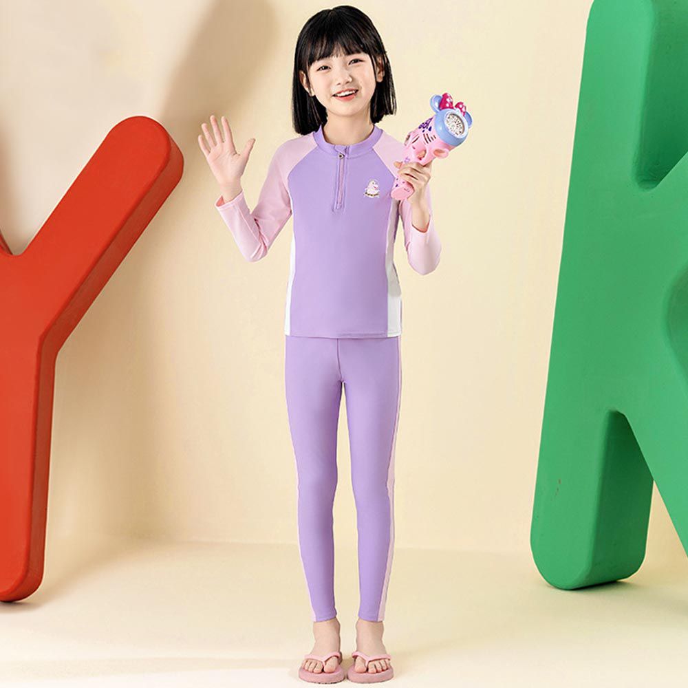 YUKE - 女寶長袖長褲防曬泳裝套裝-紫+粉