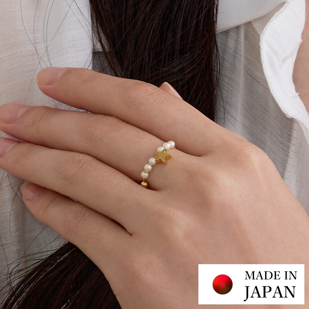 日本製 甜美珍珠18K金戒指鏈環-(可調戒圍)-星星