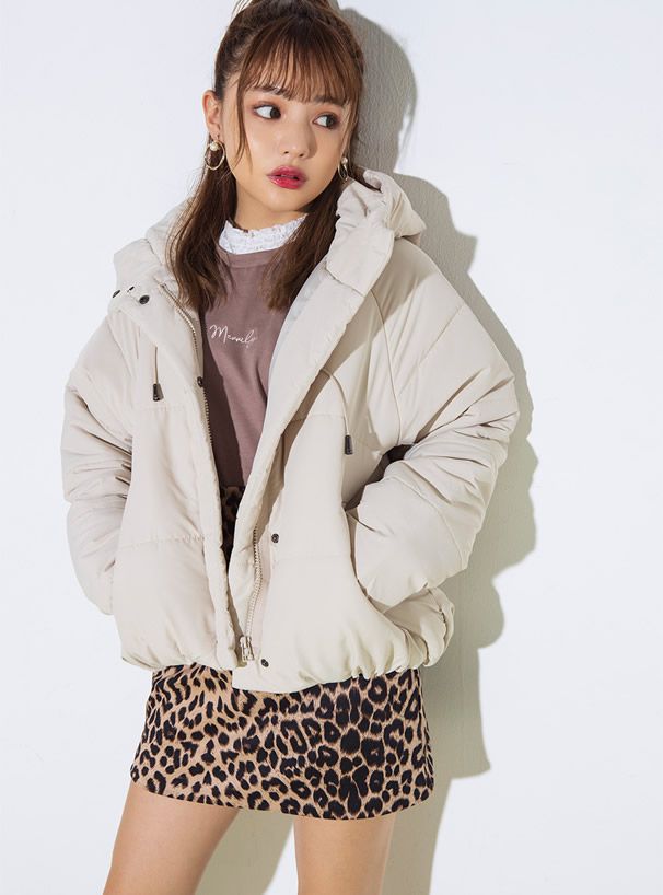 日本 GRL - 鋪綿澎澎連帽外套-前短後長-灰杏