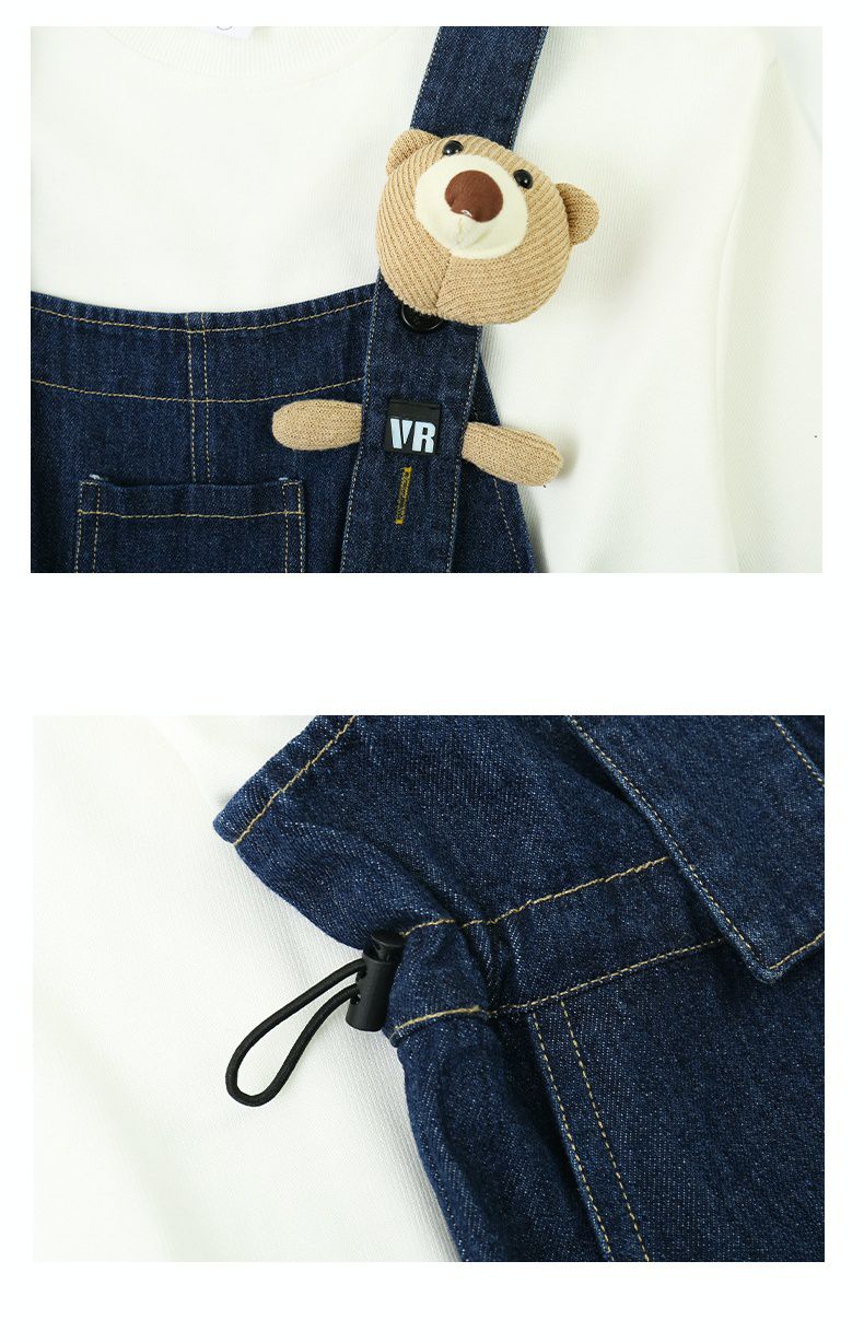 休閒牛仔寬鬆吊帶褲-小熊-綠色