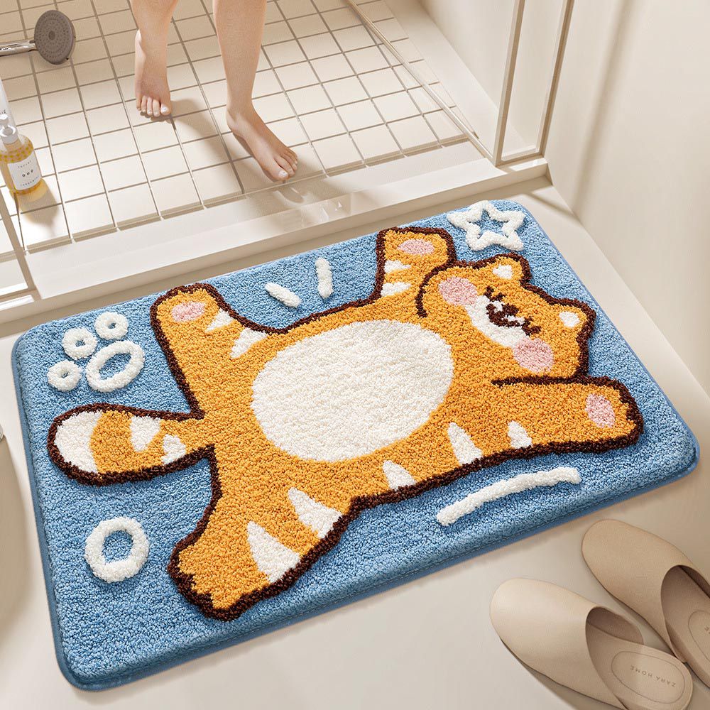快速吸水植絨浴室腳踏墊-撒嬌橘貓