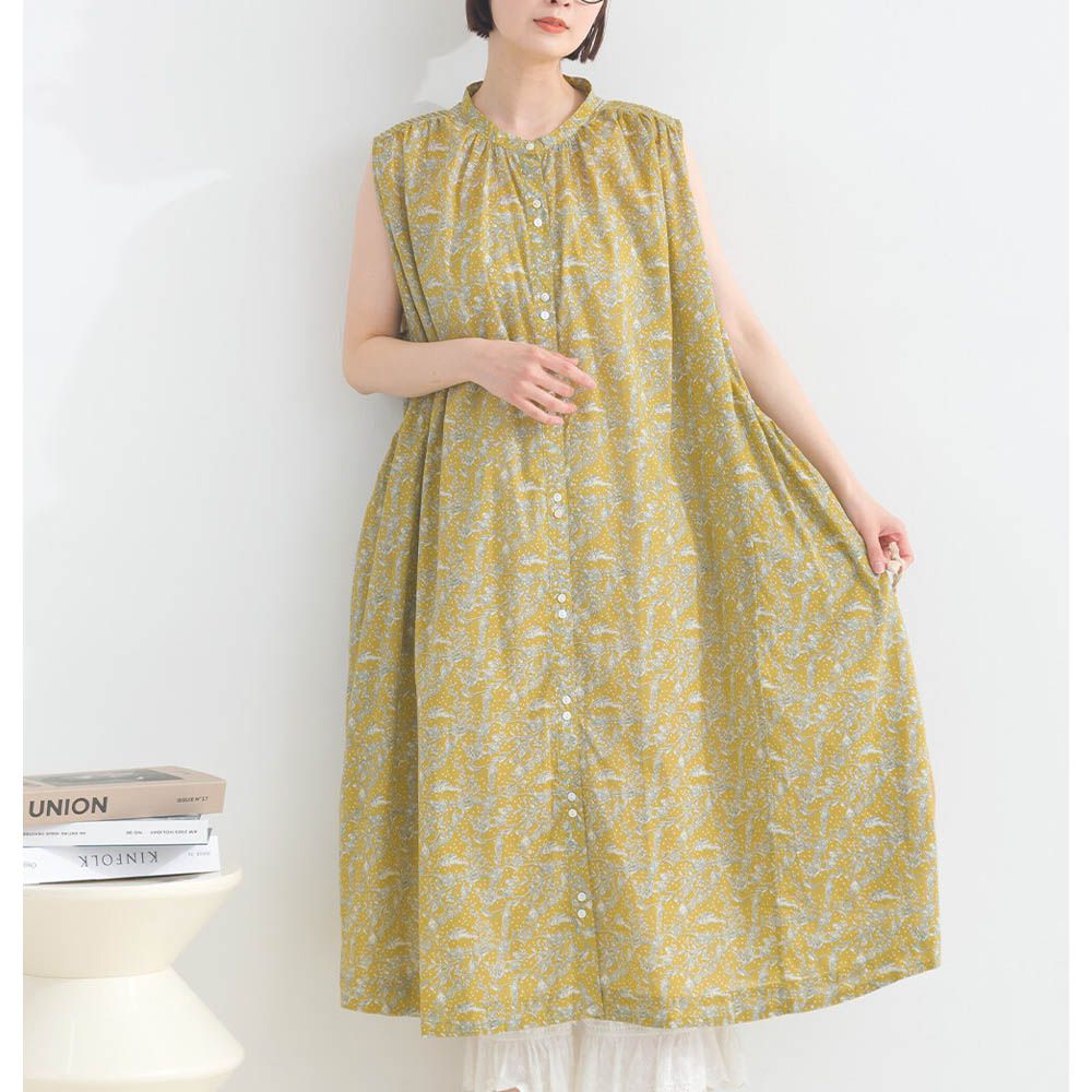 純棉清新植物印花襯衫式無袖洋裝-芥黃