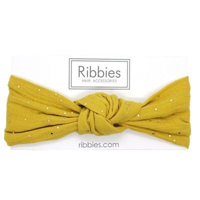 英國 Ribbies - 成人寬版扭結髮帶-芥末黃金點點
