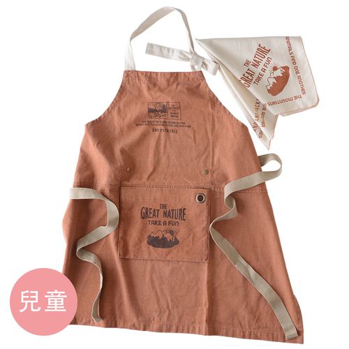 印度棉質感兒童料理圍裙(可調尺寸/收納)+頭巾兩件組-美式露營插畫-灰橘 (100-160cm)