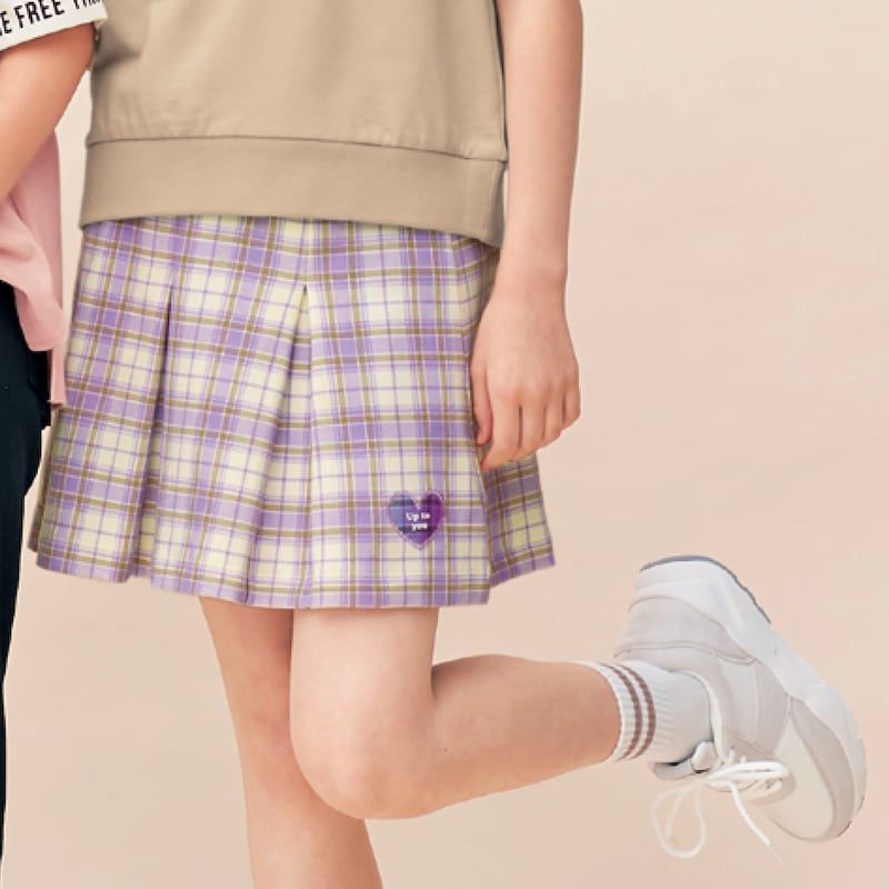 日本 Papel lapiz - 愛心徽章格紋百摺短裙-水藍