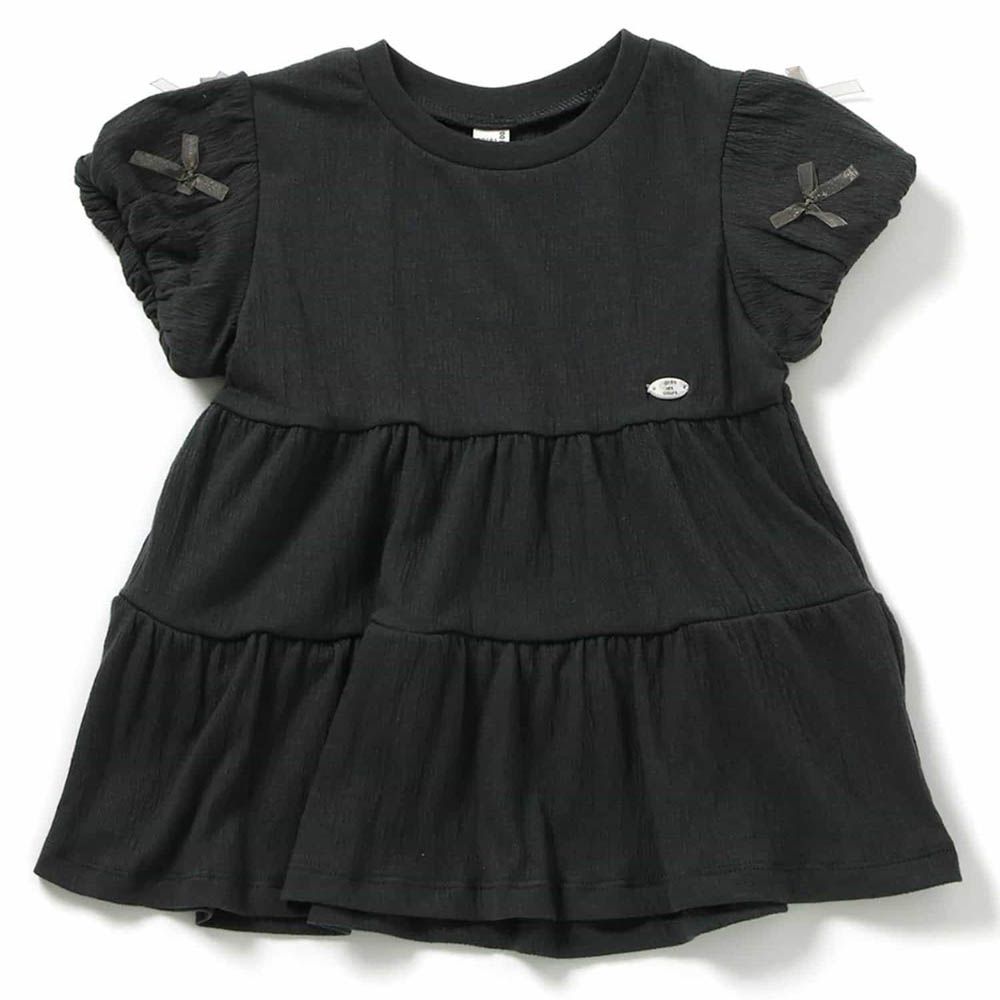 立體小花層次衣襬短袖上衣-灰黑