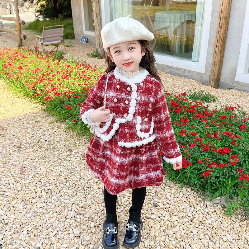 小香風綿綿雲朵連身裙套裝-背心裙+長袖外套-紅色