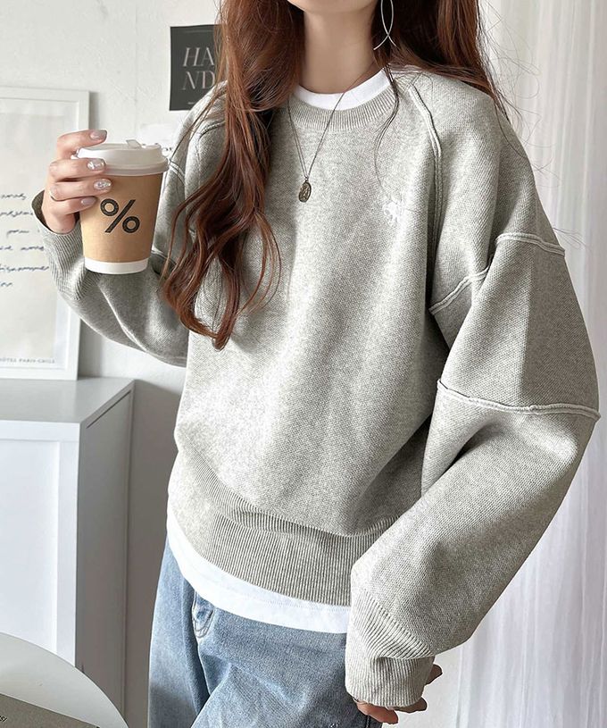 日本 Classical Elf - 線條感logo厚磅針織長袖上衣-灰