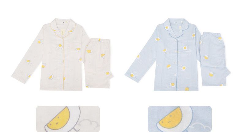 雙層棉紗布長袖家居睡衣套裝-成人款-藍底荷包蛋