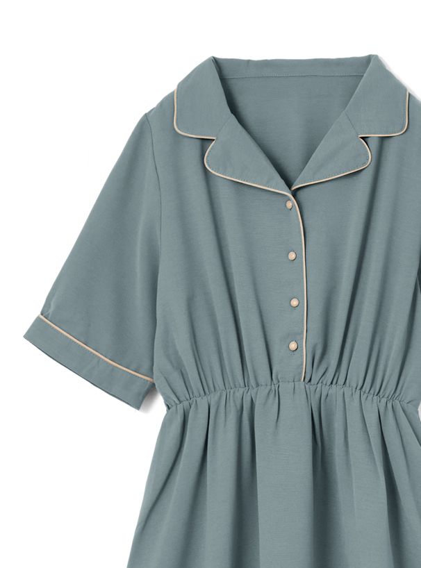 日本 GRL - 復古滾邊翻領收腰短袖洋裝-綠松石