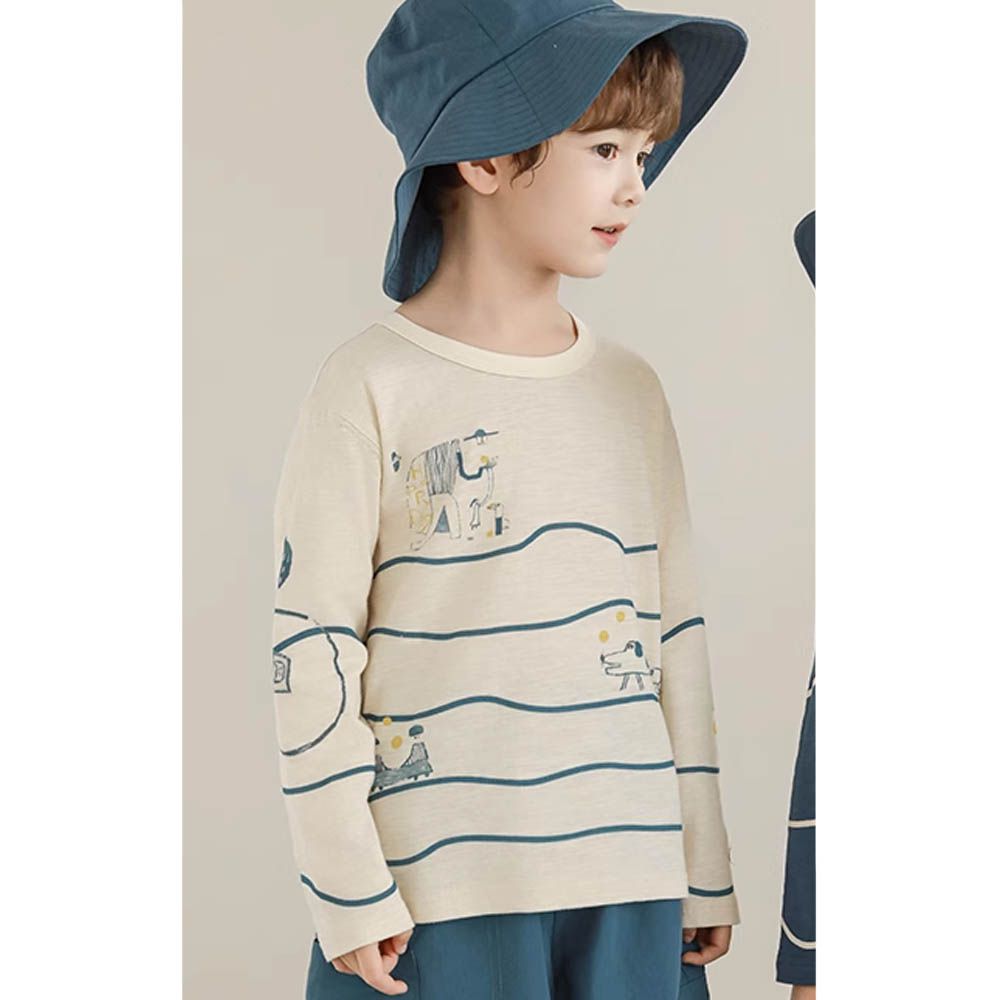 純棉竹節紋圓領落肩長袖上衣-隨性線條印花-米色