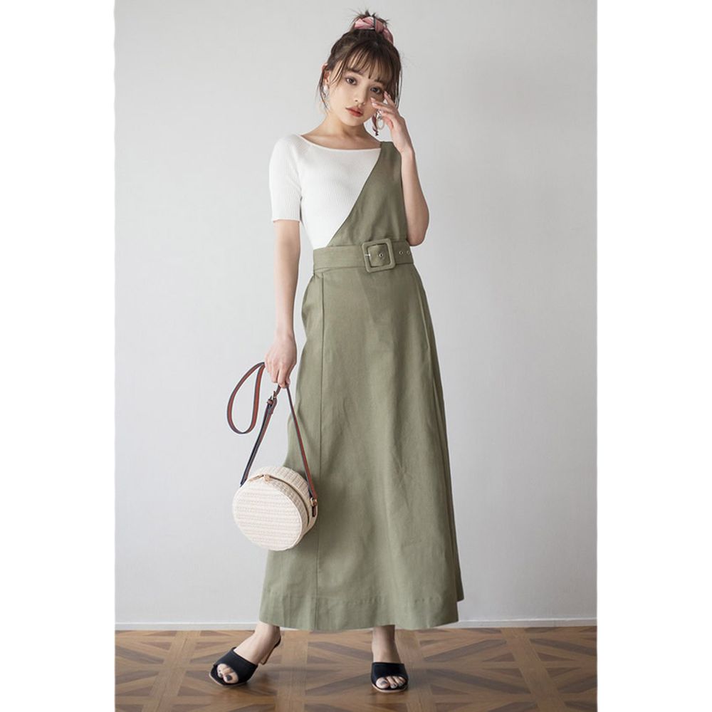 日本 GRL - 2way設計感單邊斜肩吊帶裙/長裙-橄欖綠
