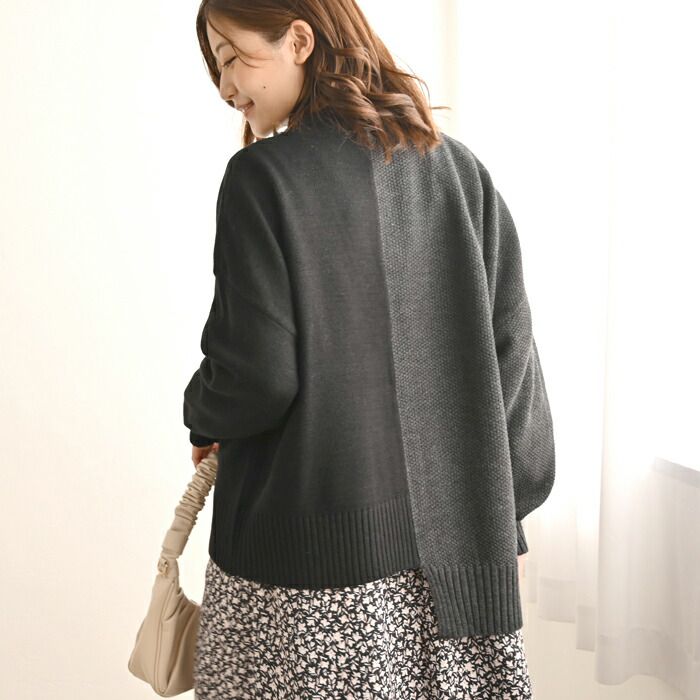 日本 ihuu - V領不對稱撞色薄針織外套-深灰x黑