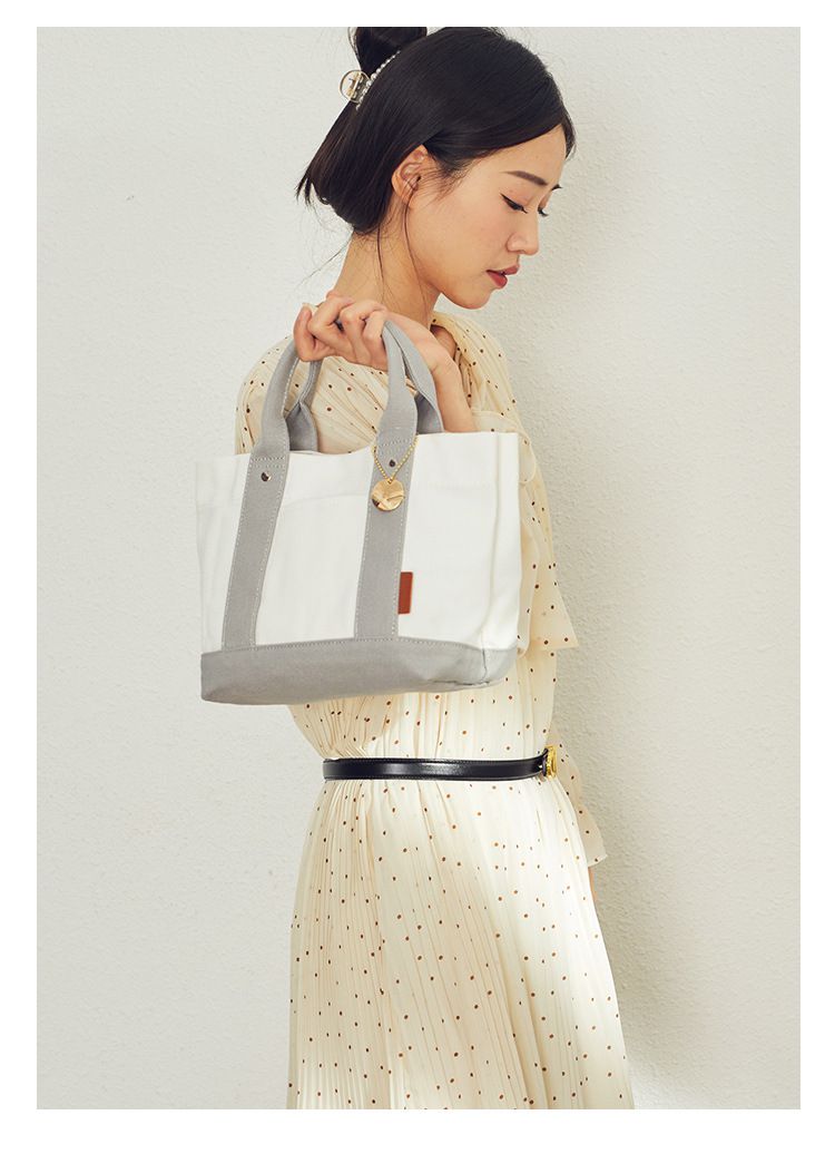 加厚大容量帆布手提包/便當袋-夾層可拆-白+深藍 (20.5x15x21.5cm)