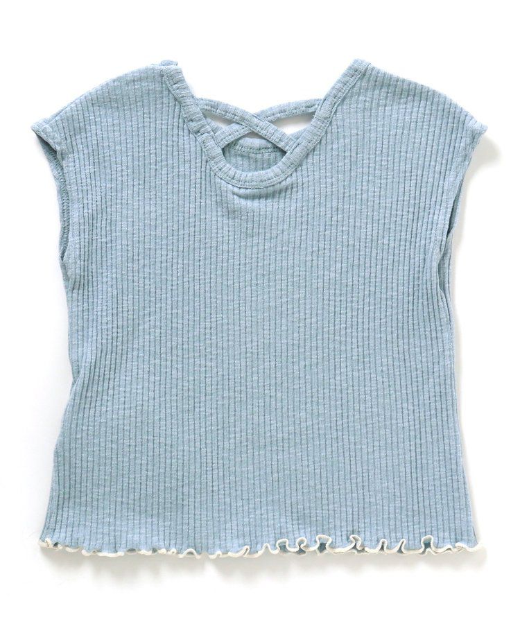 日本 BREEZE - 背交叉下擺捲邊羅紋短袖上衣-紅綠條紋