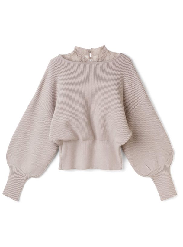 日本 GRL - 蕾絲緹花羅紋泡泡袖針織上衣-淺灰杏