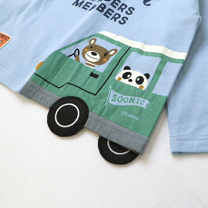 日本 ZOOLAND - 春季出遊印花長袖上衣-熊熊開車-藍