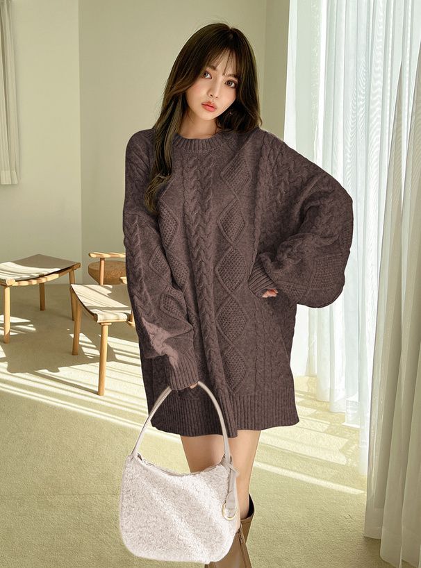 日本 GRL - 慵懶感編織紋長版毛衣-咖啡 (F)