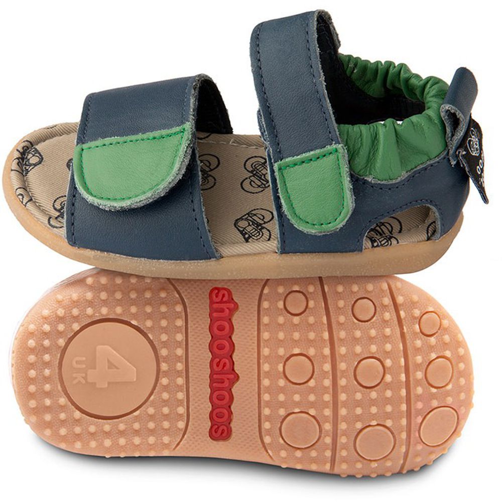 英國 shooshoos - 健康無毒真皮手工涼鞋/童鞋-優雅藍/綠綴飾
