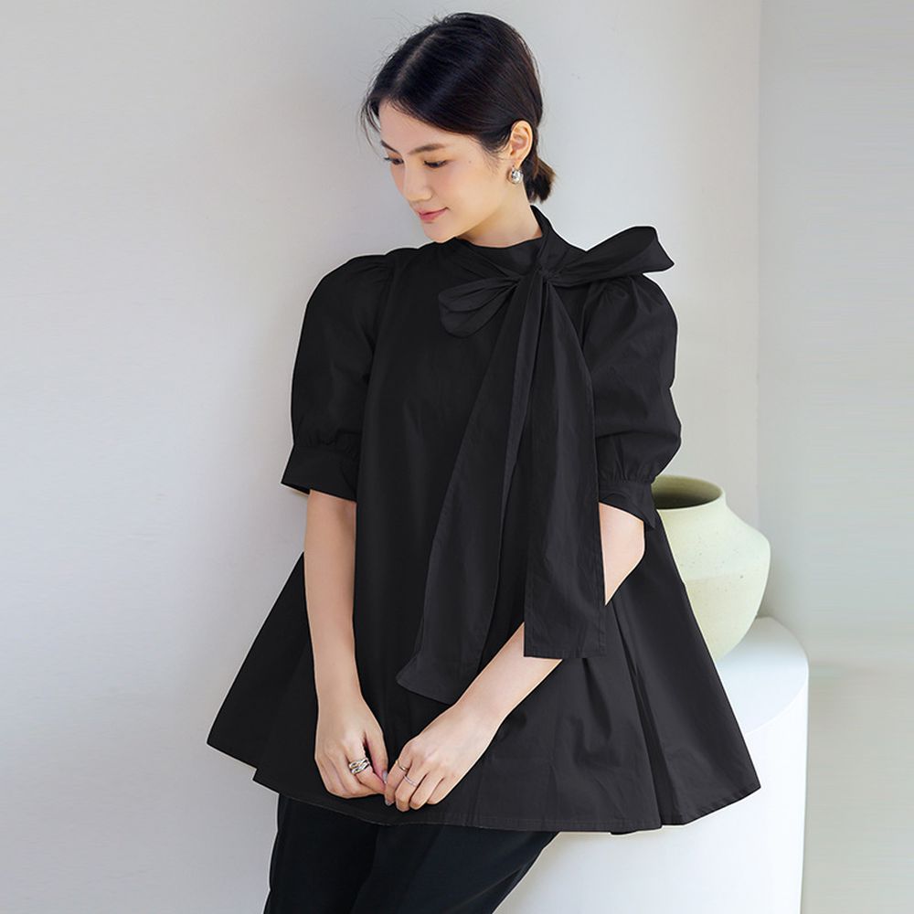 優雅小立領燈籠袖上衣-蝴蝶結-黑色 (F)