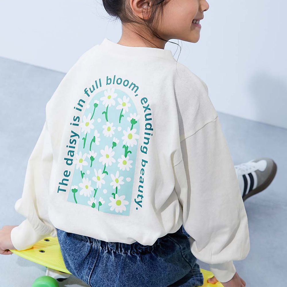 100%棉 女孩寬版長袖T恤-背後花園-白