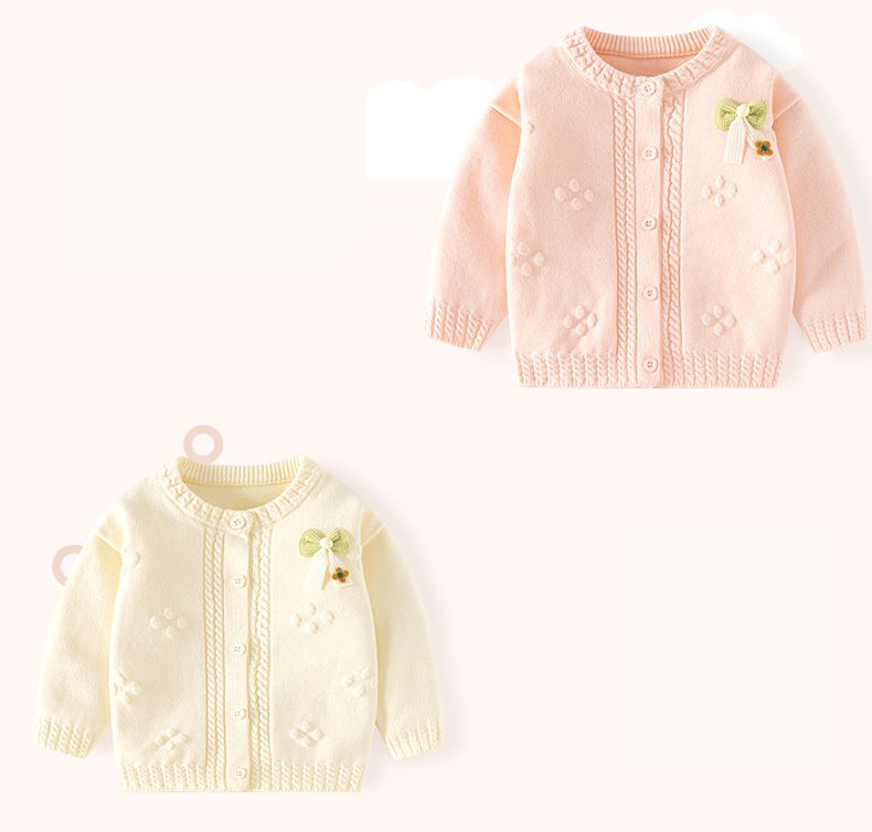 舒適圓領提花針織外套-蝴蝶結-粉橘色