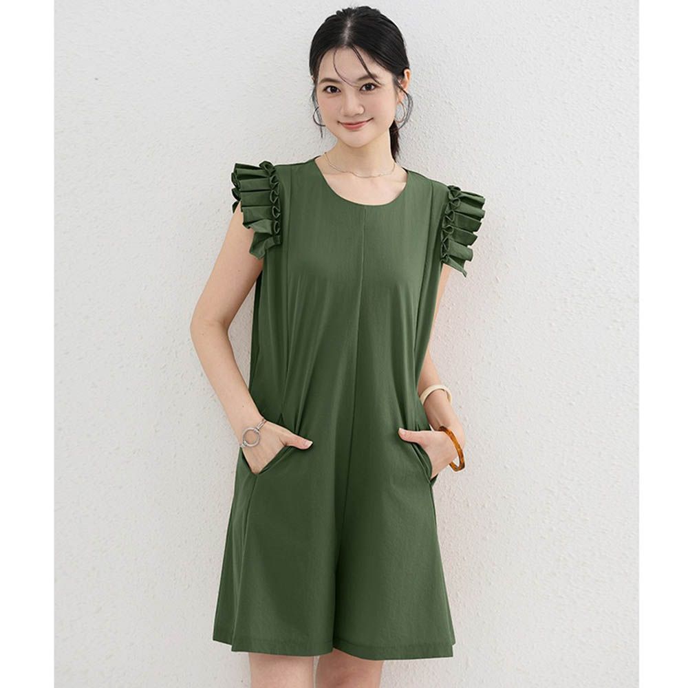 木耳邊小飛袖連身短褲-墨綠色