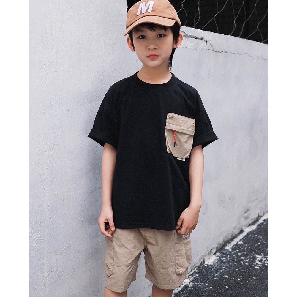 圓領短袖上衣+五分褲兩件式套裝-黑色