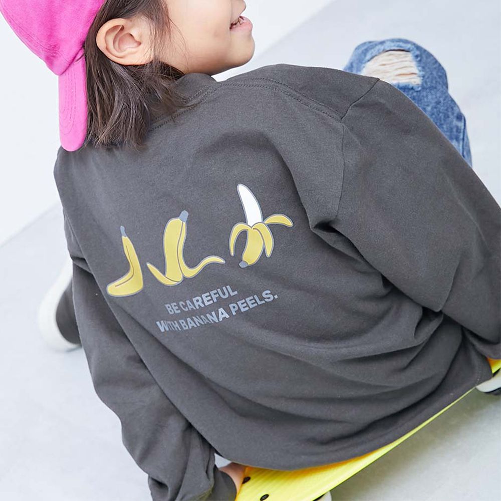 100%棉 寬鬆版型縮口長袖上衣-背後香蕉-炭黑