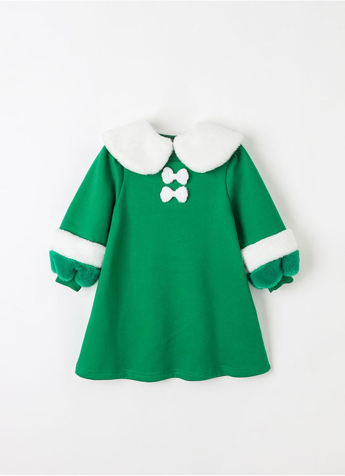 韓國 OZKIZ - (可拆式領)毛絨領結內磨毛洋裝/聖誕-綠