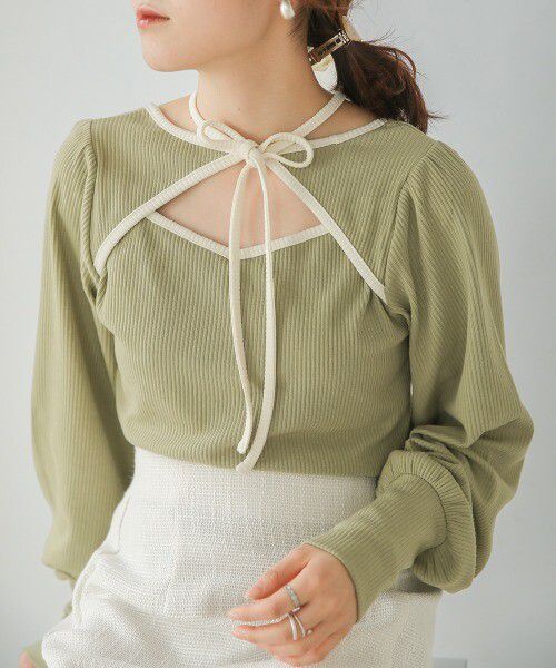 日本 Bab - 2WAY氣質綁帶羅紋泡泡袖上衣-米杏