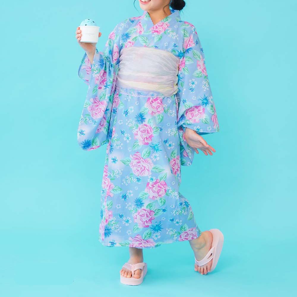 純棉方便穿套頭式夏日夢幻浴衣(2件組)-浪漫玫瑰-水藍x粉