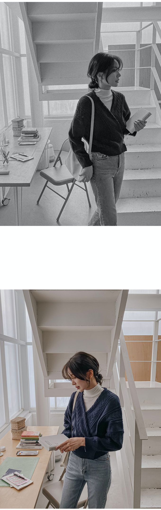 韓國 Urbantheroom - 經典麻花扣圍開襟針織衫-象牙色 (Free)