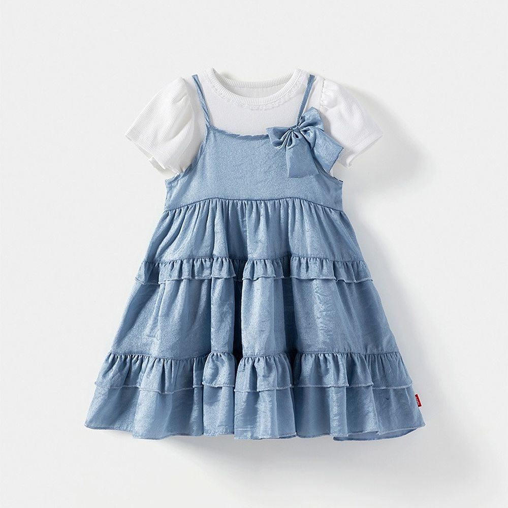 (兩件式)銀閃蛋糕層次細肩帶洋裝套裝-白X藍