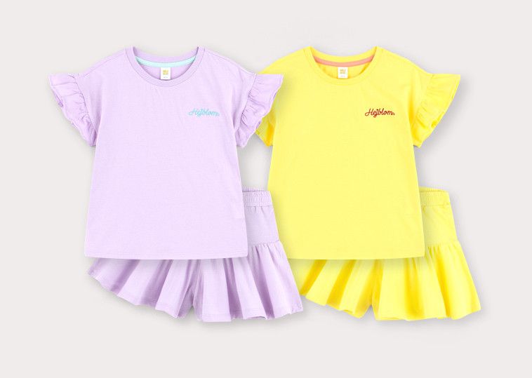 韓國 HEJMINI - 荷葉袖皺褶短褲套裝-紫