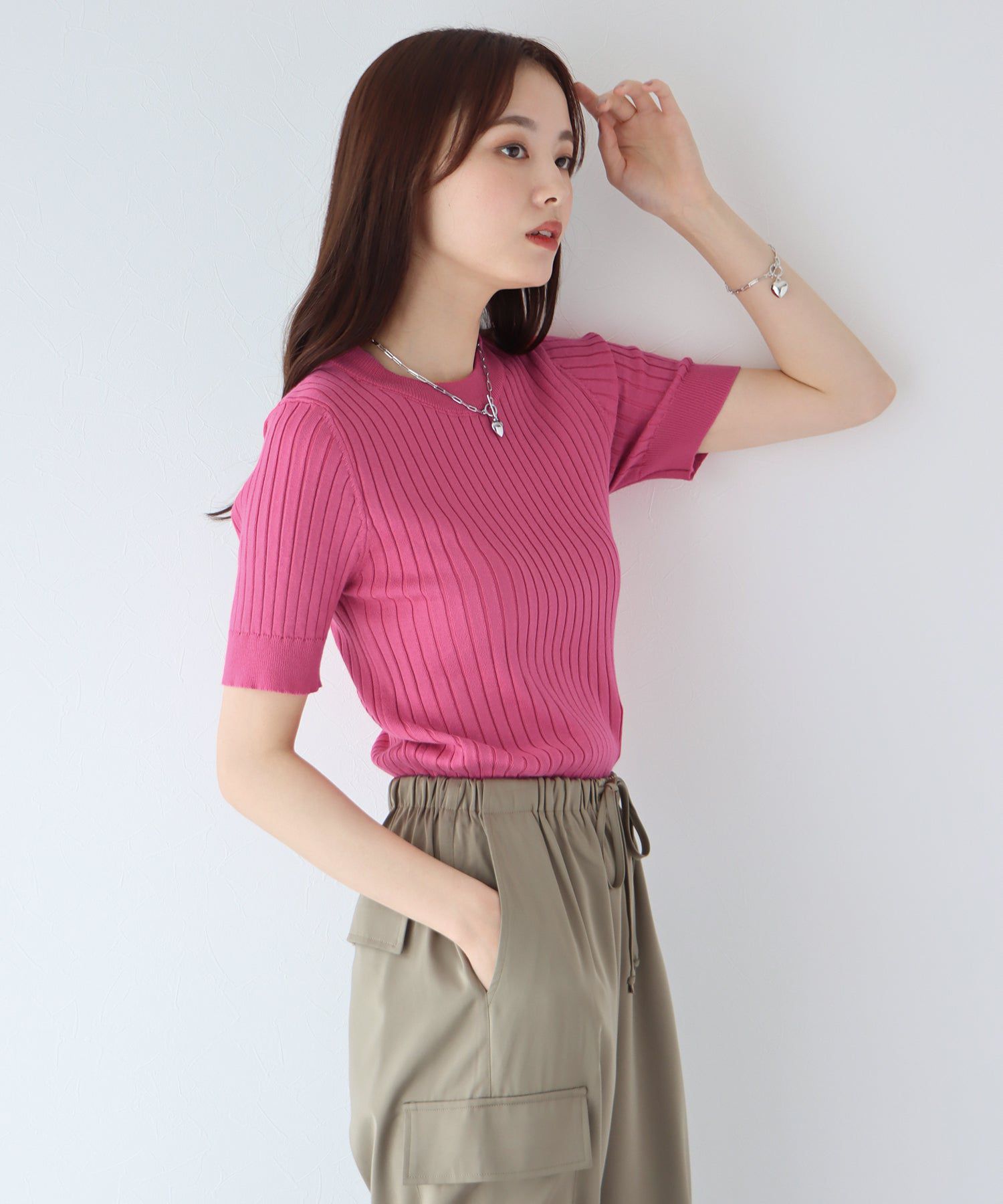 日本 BLUE EAST - 彈性寬羅紋薄針織短袖上衣-淺粉x白