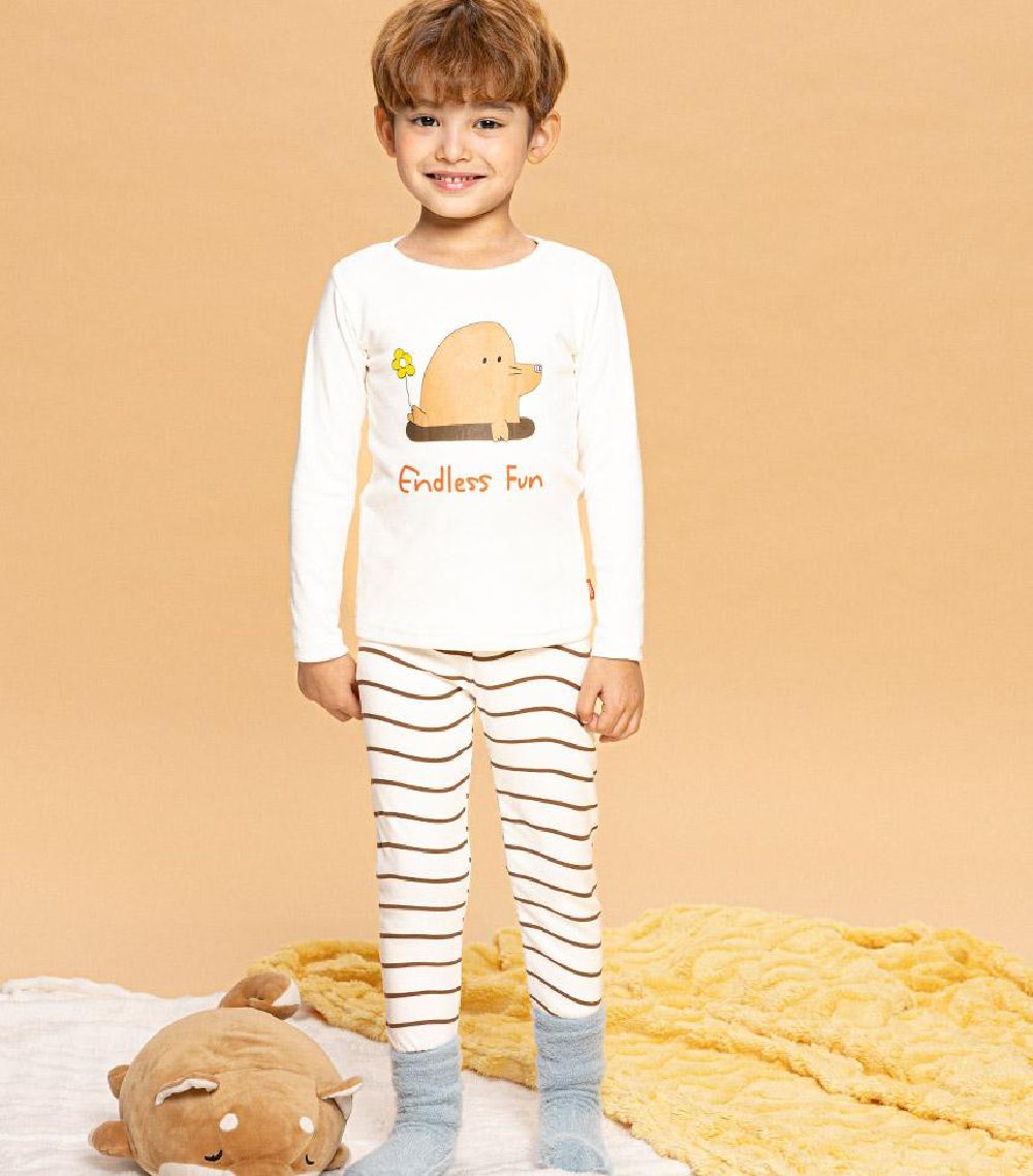 超細絨毛混織彈性長袖家居服-土撥鼠-象牙白