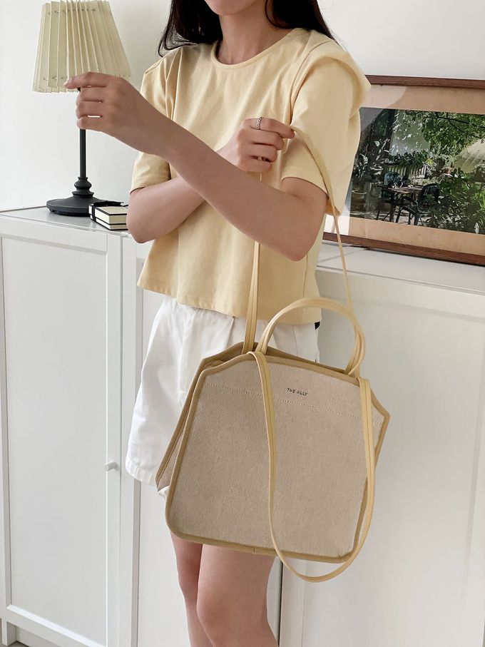 韓國 THEALLY - (附小袋)質挺帆布方包手提/肩背包-奶油黃 (大)