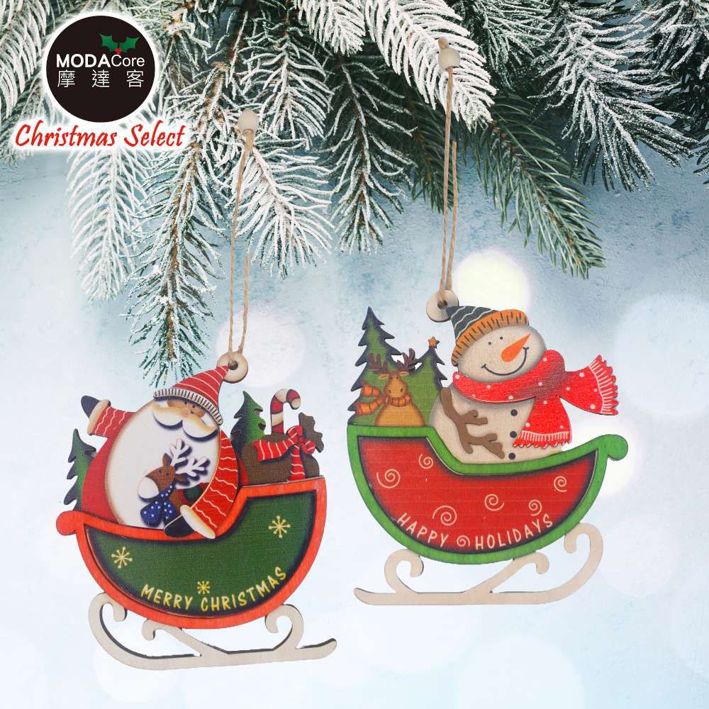 MODACore 摩達客 - 摩達客耶誕-可愛雪橇木質彩繪(單面)吊飾-聖誕老公公+雪人(一組2入)