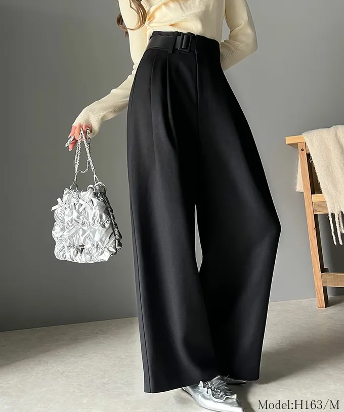 日本 Classical Elf - 腰帶造型粗花呢高腰美腿寬褲-炭灰